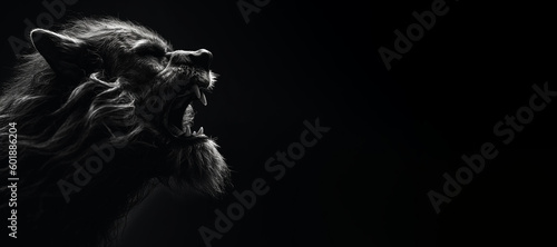 Black and white photorealistic studio portrait of a werewolf on black background. Generative AI illustration © JoelMasson
