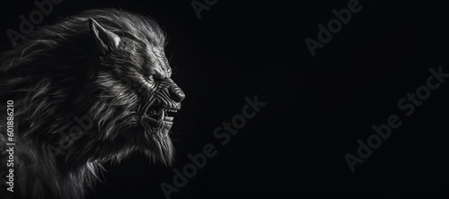 Tela Black and white photorealistic studio portrait of a werewolf on black background