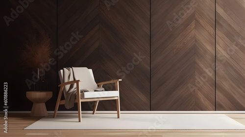 Empty modern room interior mock up with wooden decorative panel on the wall and wooden chair with blanket, living room interior background