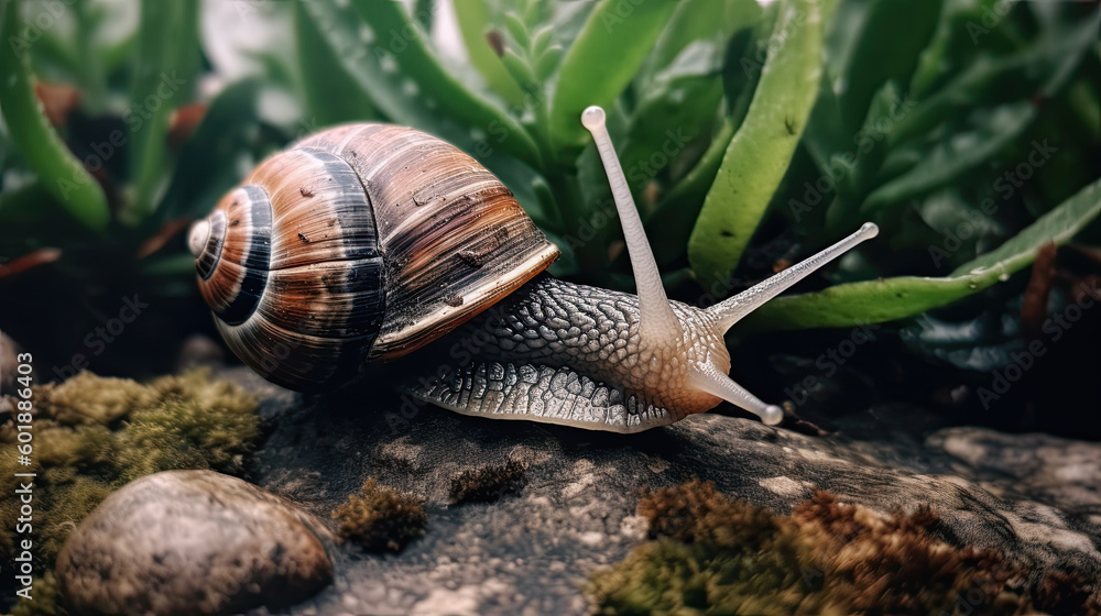 closeup of a snail in the garden. Generative AI closeup of a snail in the garden. Generative AI