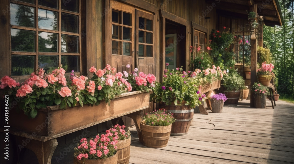 a rustic flower shop with lots of flowers and plants in front of the entrance. Generative AI