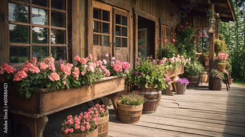 a rustic flower shop with lots of flowers and plants in front of the entrance. Generative AI © jr-art