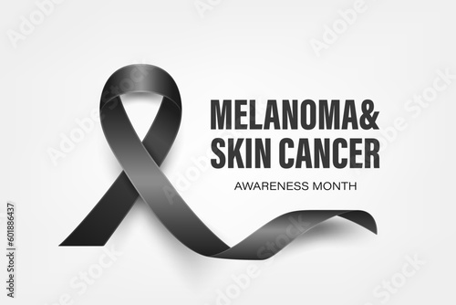 Melanoma, Skin Cancer Banner, Card, Placard with Vector 3d Realistic Black Ribbon on White Background. Melanoma, Skin Cancer Awareness Month Symbol Closeup, May. World Melanoma Day Concept