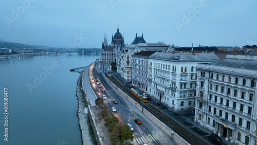 Aerial view of Hungarian Parliament Building, old historic tram and River Danube. Hungary