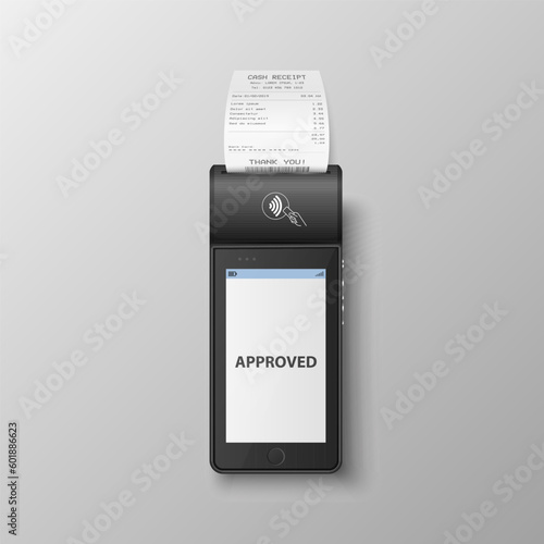 Vector 3d Black NFC Payment Machine with Approved Status and Paper Receipt, Bill. Wi-fi, Wireless Payment. POS Terminal, Machine Design Template of Bank Payment Contactless Terminal, Mockup. Top View