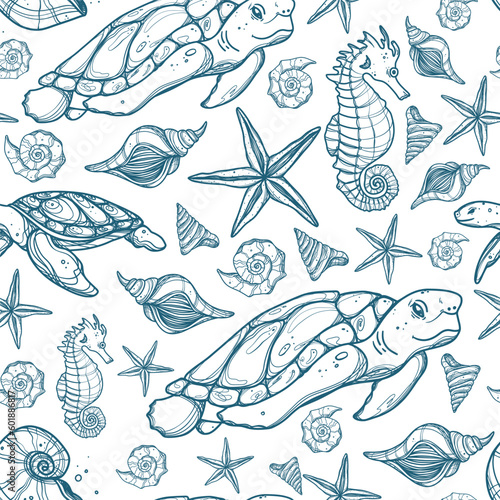 Seamless pattern with turtle, seashells and Ocean mollusk on white background. Vector illustrations of engraved lines