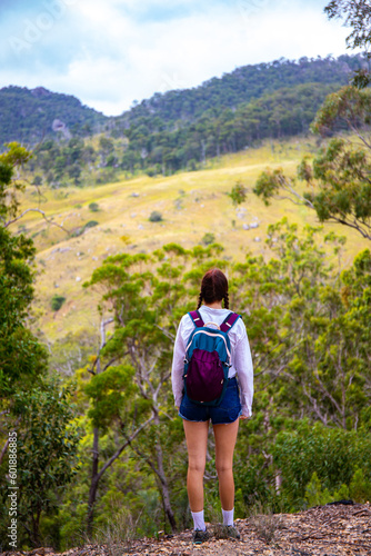 hiker girl with a backpack walks through a dense australian bush in mount barney national park  hiking in the mountains  queensland  australia