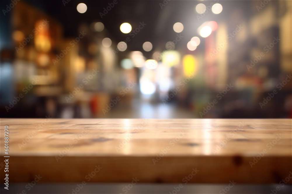 Empty wooden table space platform and blurred restaurant or coffee shop background for product display montage. AI generated content