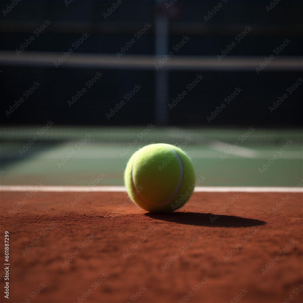 Tennis game. Tennis ball laying on a tennis court. Sport, recreation concept. AI generated content