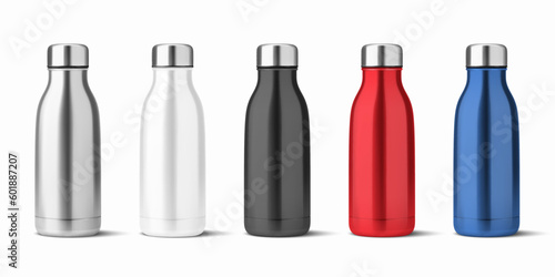 Vector Realistic 3d White, Silver, Black, Red, Blue Empty Glossy Metal Reusable Water Bottle with Silver Bung Set Closeup Isolated. Design template of Packaging Mockup. Front View