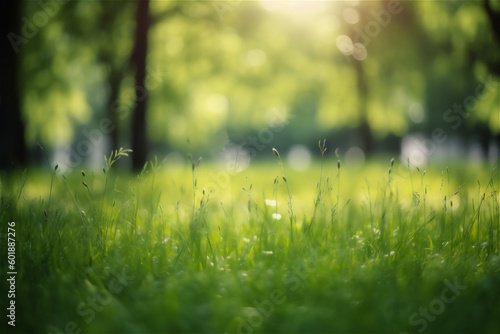 Abstract natural background of green grass and trees in summer with copy space. sun shining through the trees. AI generated content