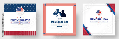 Memorial Day social media post banner set, Background or typography design set. Remember and Honor. National American holiday illustration. Vector Memorial day greeting card or background design.