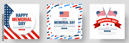 Memorial Day social media post banner set, Background or typography design set. Remember and Honor. National American holiday illustration. Vector Memorial day greeting card or background design.