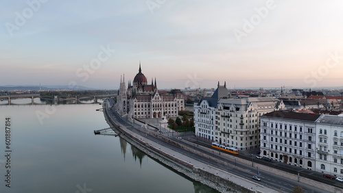 Amazing Skyline Establishing Bird Eye Aerial View Shot of Budapest city. Hungarian Parliament Building with the Danube river at sunrise. Hungary © Vgallery