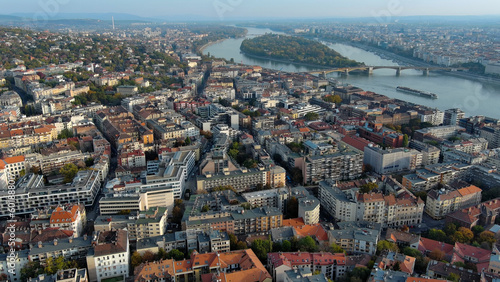 Budapest city sunrise skyline  aerial view. Danube river  Buda side  Hungary