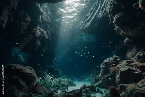 Abstract underwater cave with dark terrain and ocean backgrounds for design. Generative AI