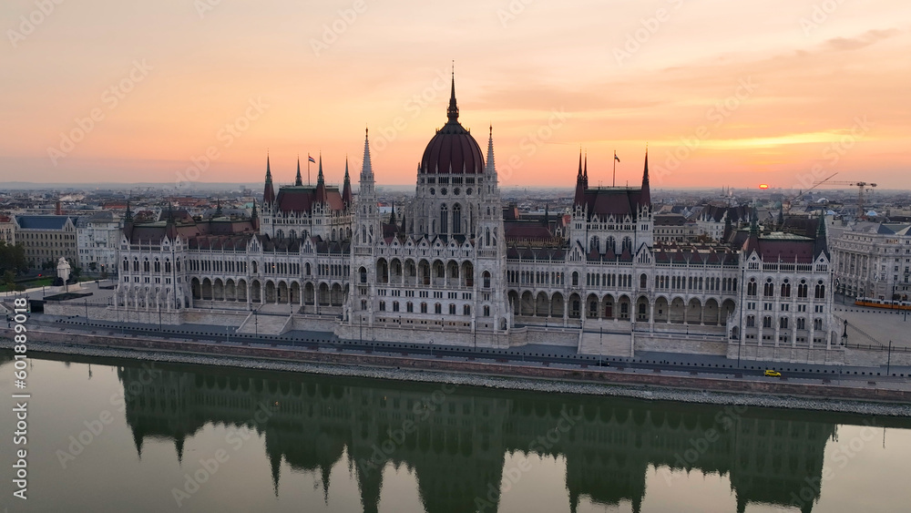 Obraz premium Amazing Skyline Establishing Bird Eye Aerial View Shot of Budapest city. Hungarian Parliament Building with the Danube river at sunrise. Hungary