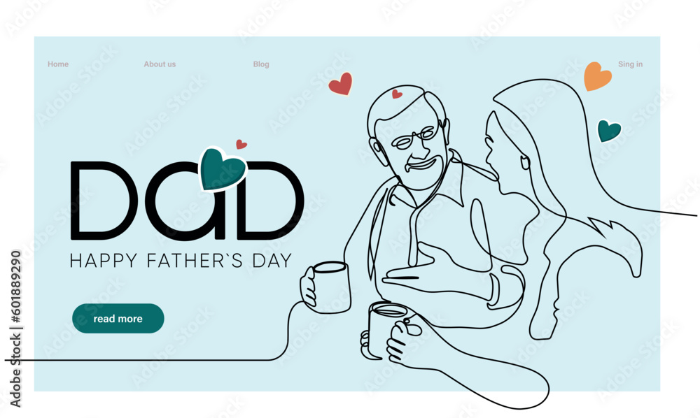 Obraz premium One continuous line drawing banner, background, poster with family embrace. Happy Father Day simple vector illustration of child and father. Vector illustration