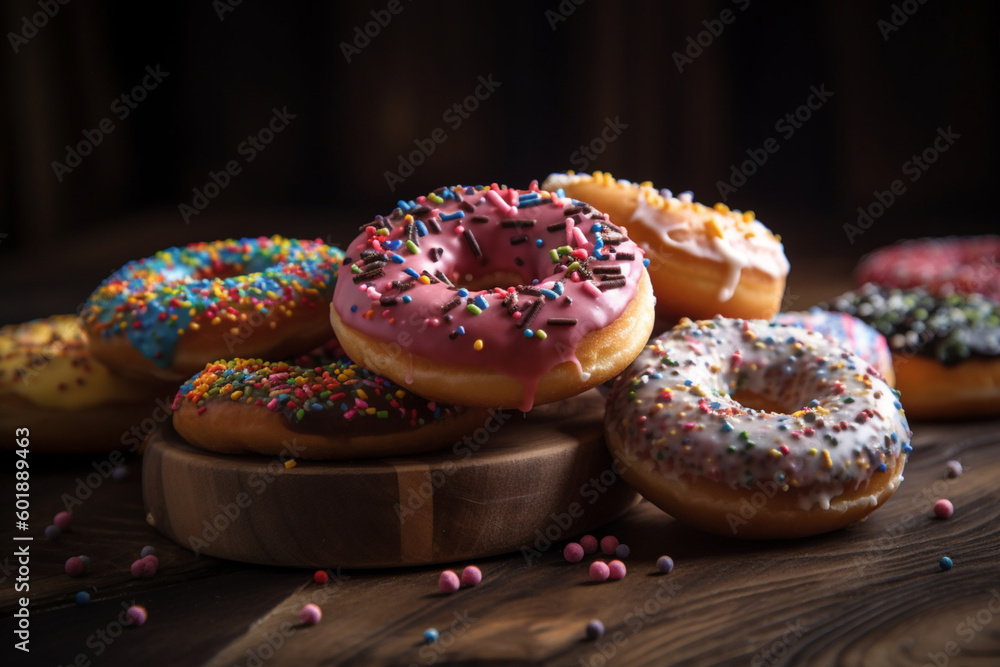 Colorful Heap of Assorted Sprinkled Donuts on Wood Table  Generative AI