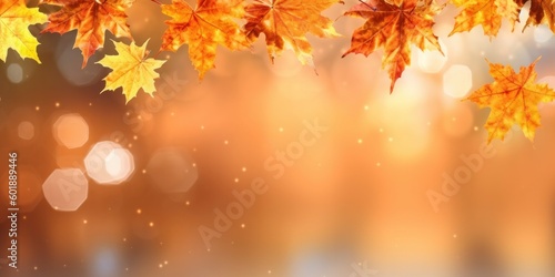 Beautiful seasonal abstract autumn background with copyspace and falling leaves. Generative AI.