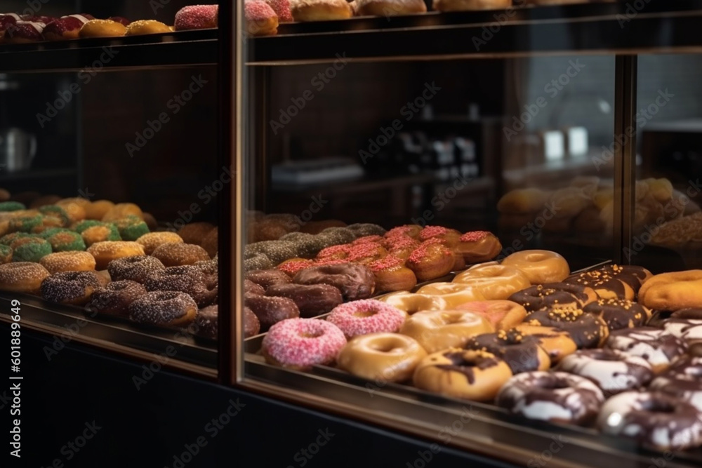 Display of delicious pastries with assorted glazed donuts in shop counter. Various donuts on shelf in Bakery Generative AI