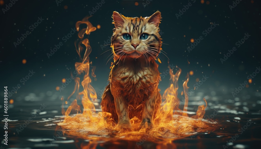 Animal figures in water, with fire or water effect, cat figure. Kitten and baby cat. Generative Ai