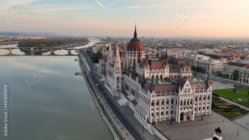 Amazing Skyline Establishing Bird Eye Aerial View Shot of Budapest city. Hungarian Parliament Building with the Danube river at sunrise. Hungary