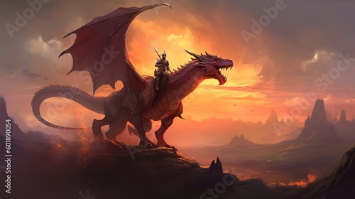 A brave knight riding a dragon into battle Fantasy concept , Illustration painting. Generative AI © X-Poser