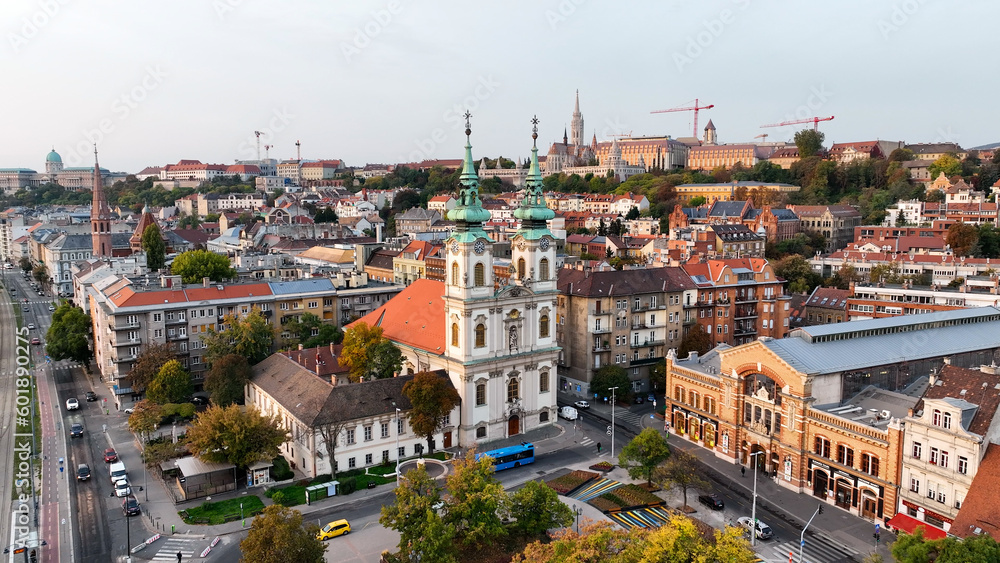 Aerial view of Budapest city skyline, Saint Anne Parish of Upper Watertown (Felsovizivarosi Szent Anna-plebania), Roman Catholic parish church