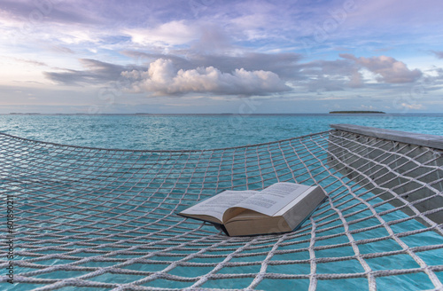 An open book for reading in a beautiful morning atmosphere, in front of the sea on a tropical island © Jainfo