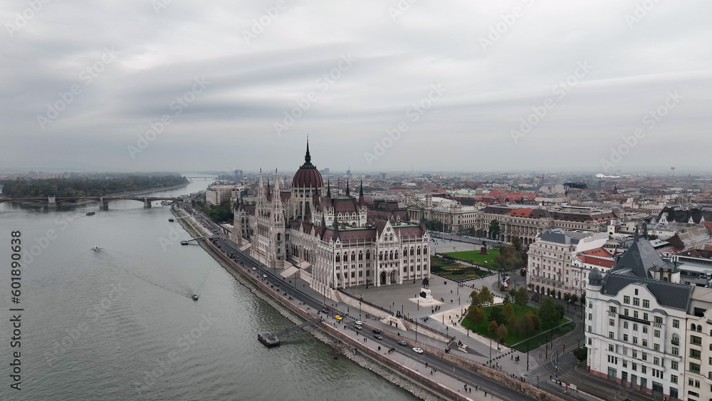 Establishing Aerial View Shot of Budapest, Hungarian Parliament Building during a cloudy day, Hungary