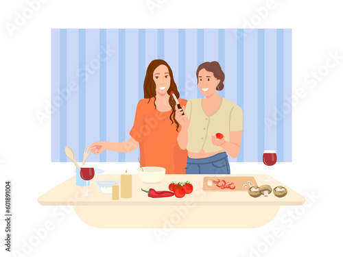 happy and smile lesbian couple cooking in the kitchen. pride month to promote equality and differences of homosexual.