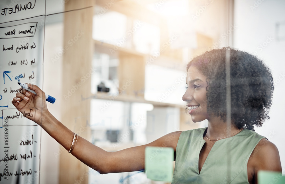 Foto de Business, glass wall and black woman writing, strategy or ...