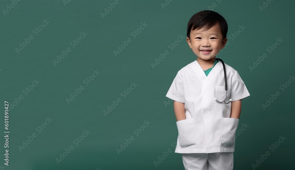 a smiling boy child dressed as nurse's soft solid dark green and grey background generative ai a smiling boy child dressed as nurse's soft solid dark green and grey background generative ai