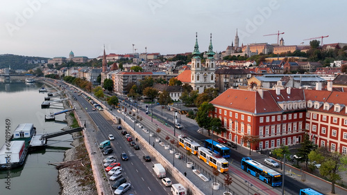 Aerial view of Budapest city skyline, Batthyany Square or Batthyany ter, a town square in Budapest. It is located on the Buda side of the Danube