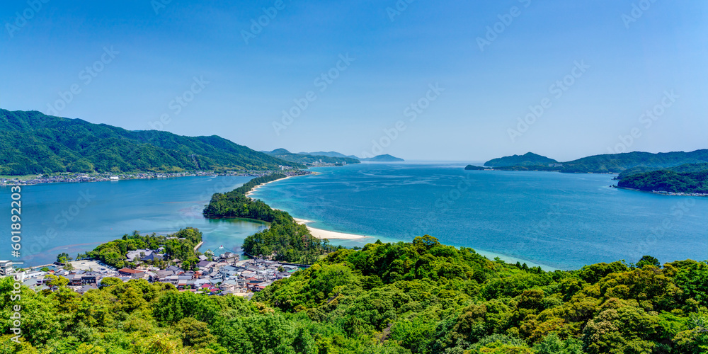 Panoramic image of Amanohashidate (Ama no hashidate) in Kyoto, Japan at daytime.