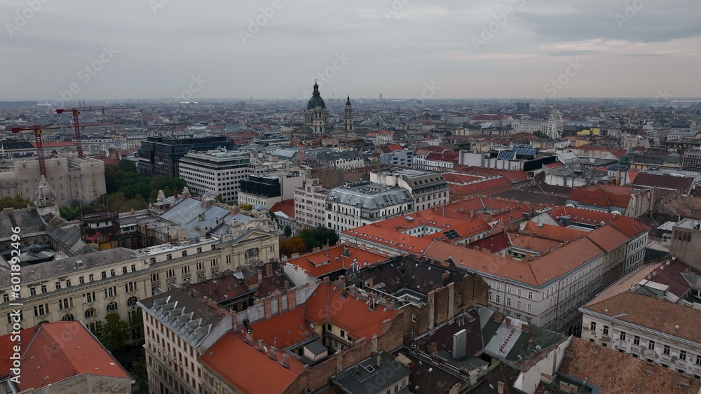 Aerial view shot of St. Stephens Basilica, cloudy day, moody Budapest, Hungary