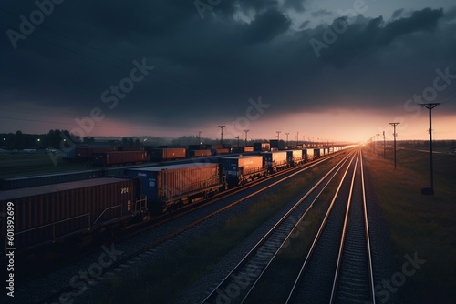 Freight train with full carriages and containers moves at dusk. Generative AI