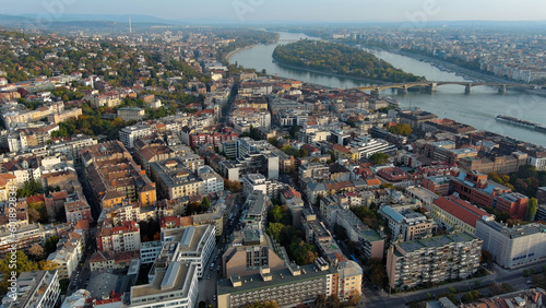 Morning light, Establishing Aerial View Shot of Budapest, Hungary. Buda and Danube river at sunrise