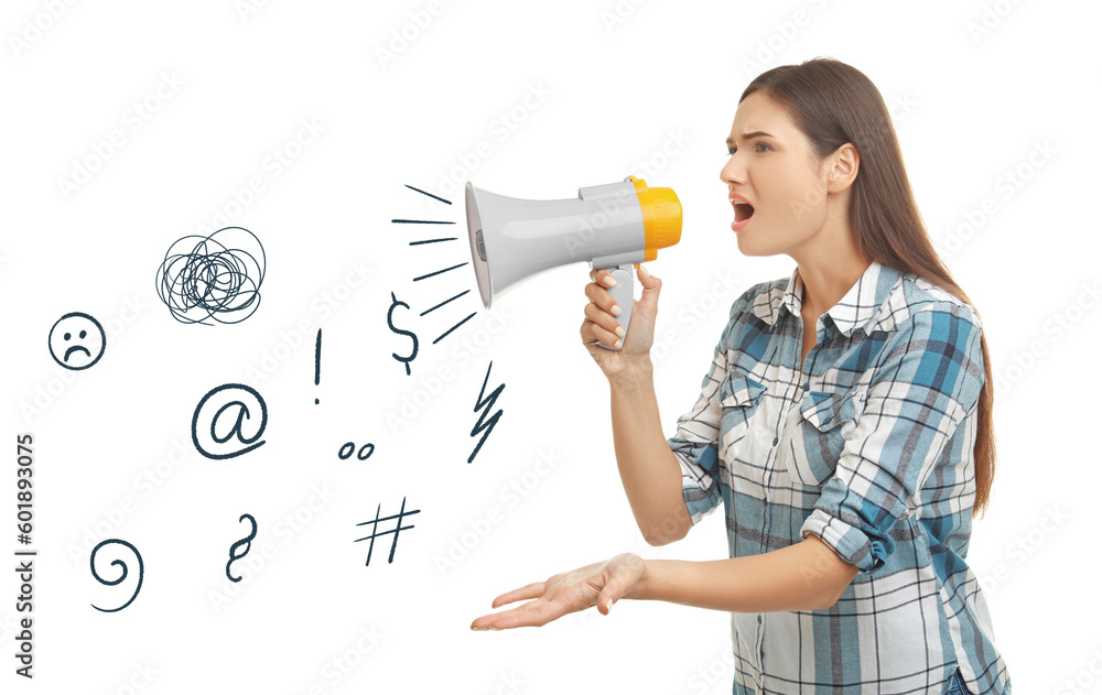 Complaint. Young woman with megaphone and illustrations on white background - obrazy, fototapety, plakaty 