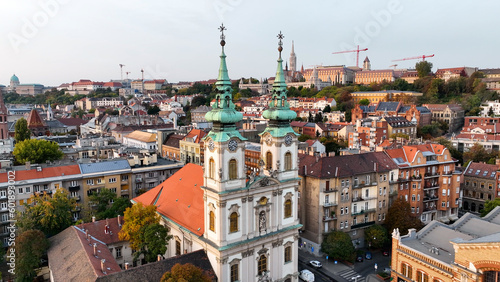 Aerial view of Budapest city skyline, Saint Anne Parish of Upper Watertown (Felsovizivarosi Szent Anna-plebania), Roman Catholic parish church