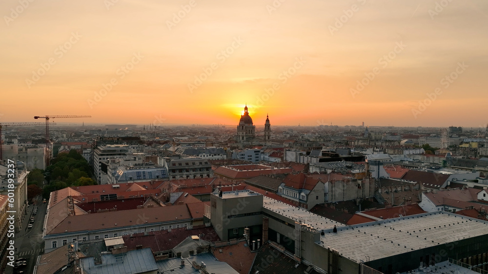 Stunning Sunrise, Aerial View Shot of Budapest city skyline, St. Stephens Basilica (Szent Istvan-bazilika) in the early morning. Hungary Stunning Sunrise, Aerial View Shot of Budapest city skyline, St. Stephens Basilica (Szent Istvan-bazilika) in the early morning. Hungary