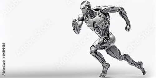 A fast running humanoid muscular robot athlete on an isolated background. Generative AI