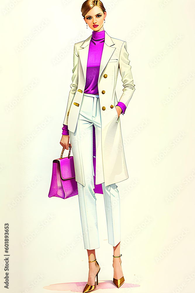 Fashion illustration sketch of trendy woman in elegant stylish business look