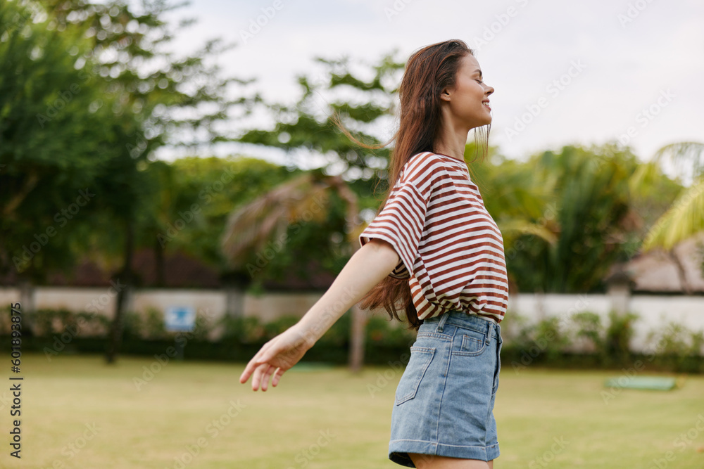 woman summer beautiful lifestyle t-shirt smiling nature park walk day freedom woman summer beautiful lifestyle t-shirt smiling nature park walk day freedom
