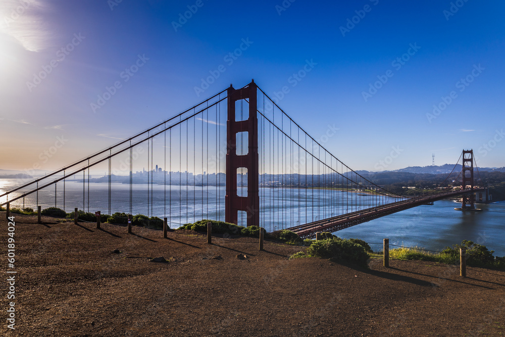 San Francisco Bay in the early morning with the Golden Gate Bridge visible.