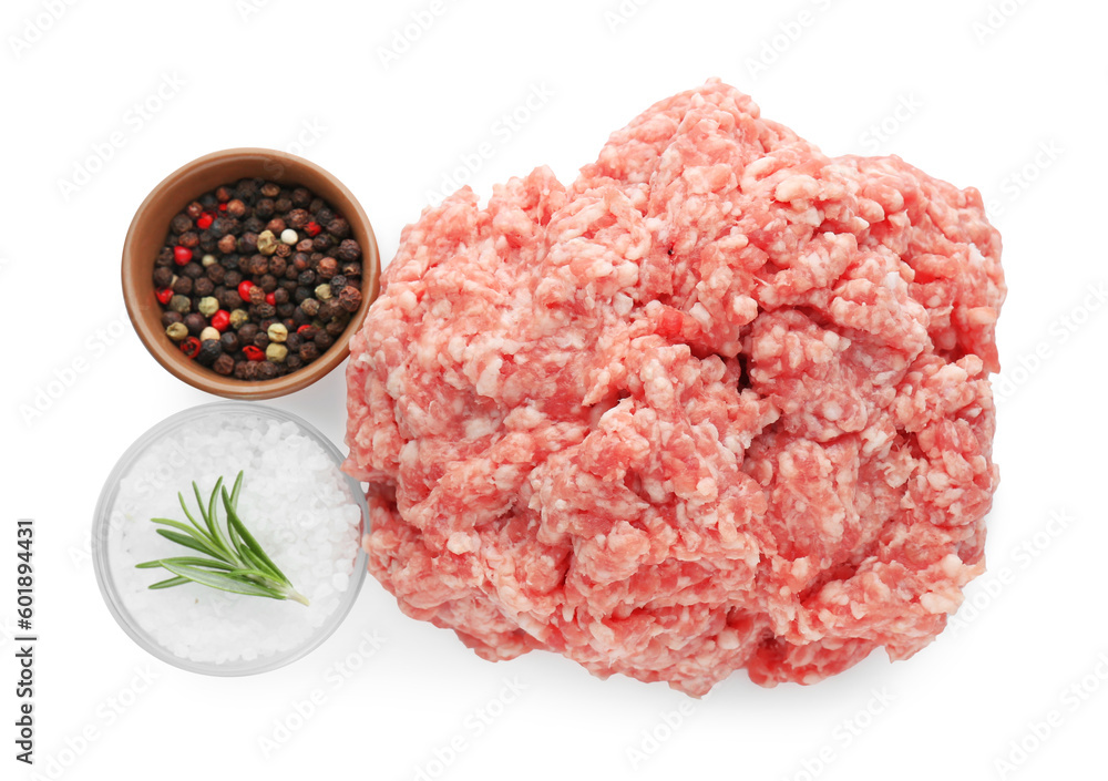 Raw fresh minced meat with rosemary and pepper isolated on white, top view Raw fresh minced meat with rosemary and pepper isolated on white, top view