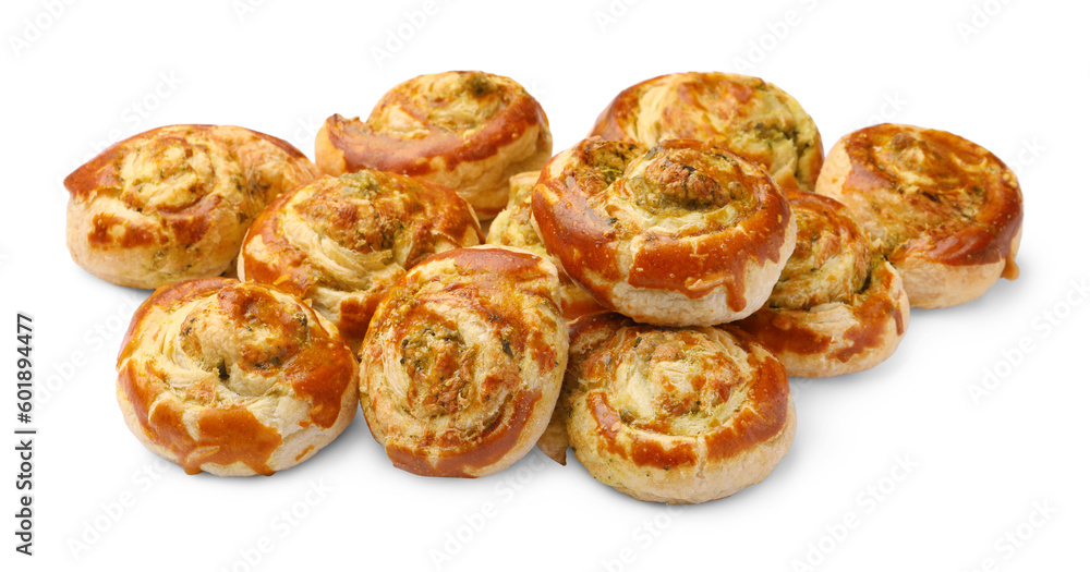 Fresh delicious puff pastry with tasty filling on white background