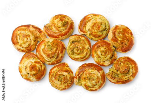 Fresh delicious puff pastry with tasty filling on white background, top view © New Africa