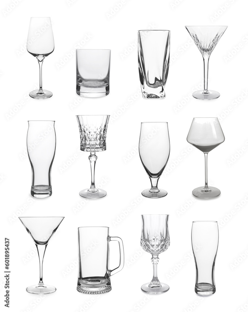 Collage with different empty glasses on white background Collage with different empty glasses on white background